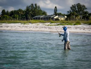 A man knee-deep in water practices fly casting.