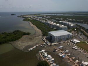 Aerial photo showing a marina and a large bloom of the algae called Lyngbya.